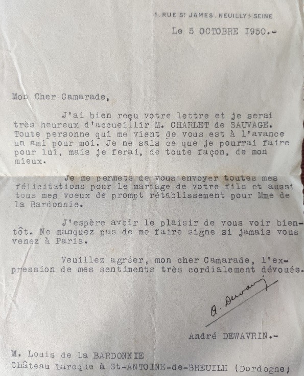 Lettre Colonel Passy 1950